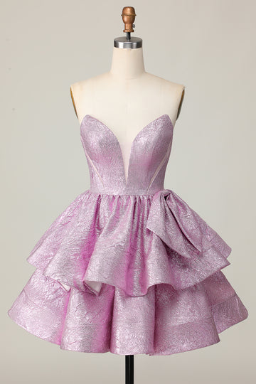 Light Purple A Line Strapless Lace Up Back Tiered Homecoming Dress with Bow